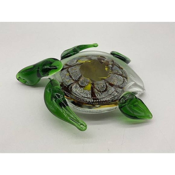 Italian Art Glass Sea Turtle Green Marbled Paperweight Gold Brown Marine - Picture 14 of 16